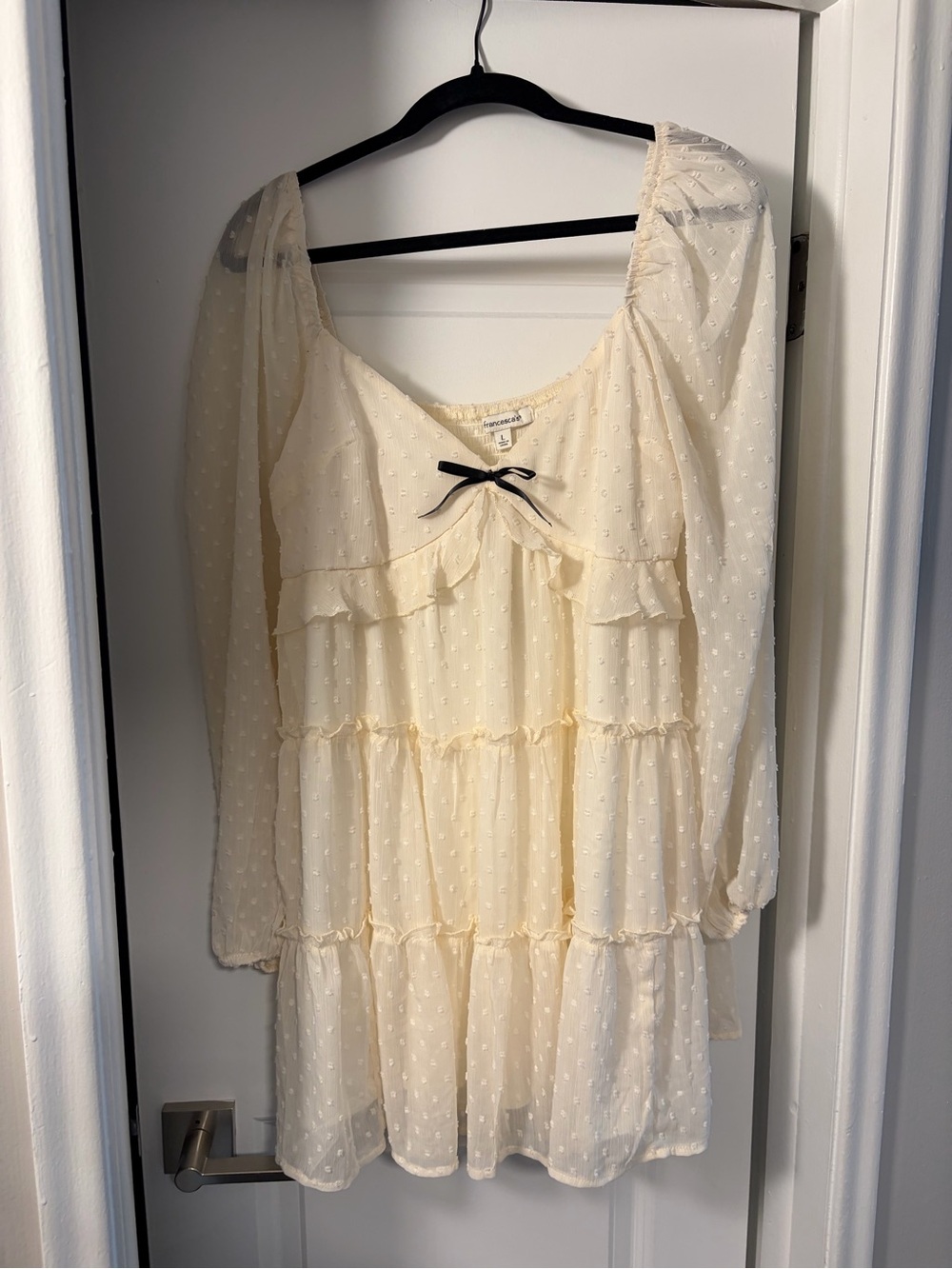 Francesca's Collections Cream Swiss Dot Ruffle Dress with Black Bow